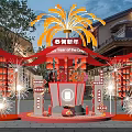 Chinese New Year Check in Desk Setup with Lion Dance Lanterns Fireworks and Ancient Buildings