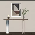 Modern Console Table With Marble Legs Abstract Painting Green Plant And Figurine