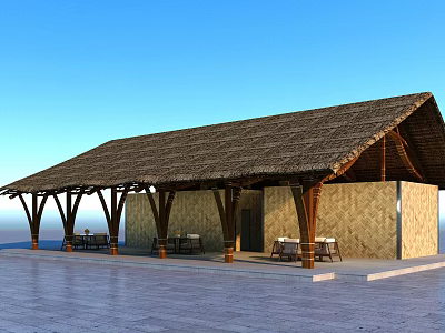 Outdoor Wooden Pergola With Thatched Roof And Leisure Seating Under Blue Sky 3d model