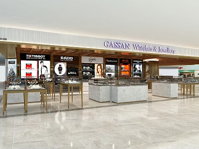 GASSAN Watches And Jewellery Store With Elegant Interior Marble Display Counters And Brand Logos 3d model