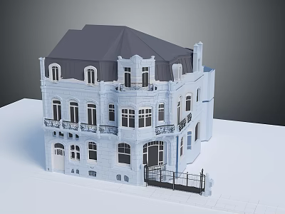 Classical European Style Building With White Facade Gray Roof Balconies And Railings 3d model