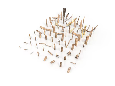 Wooden And Metal Craft Pieces With Various Shapes In Brown Gold On White Background 3d model