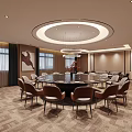 Modern Private Dining Room Interior With Round Table Chairs Ceiling Lights And Windows 3d model