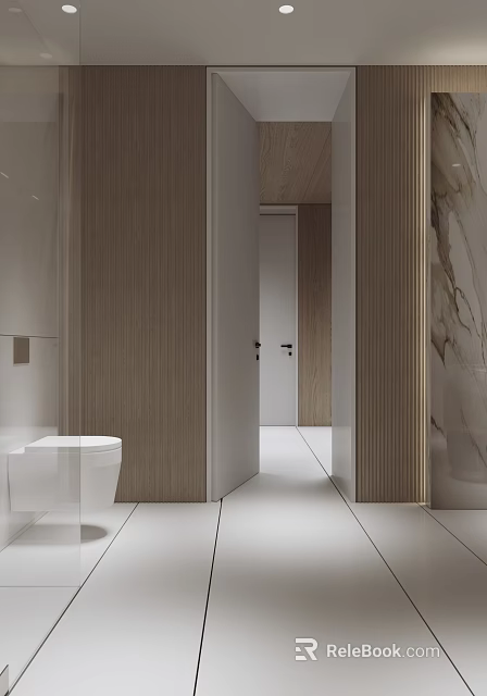 Modern Bathroom Interior With Wooden Walls White Toilet And Marble Elements 3d model 