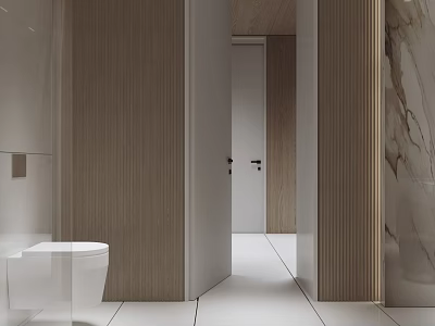 Modern Bathroom Interior With Wooden Walls White Toilet And Marble Elements 3d model