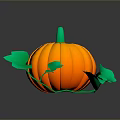 Fresh Orange Pumpkin With Green Stem And Leaves On Green Base
