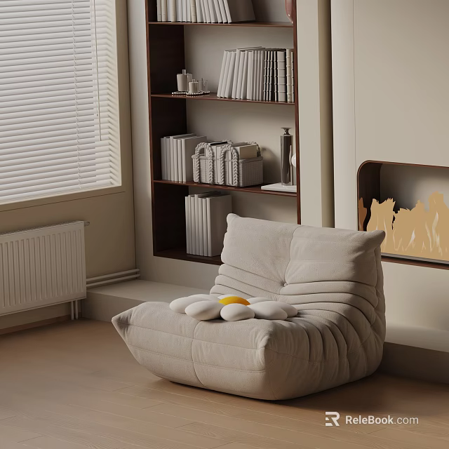 Comfortable Leisure Chair With Soft Cushions By Window Blinds And Bookshelf In Cozy Living Room 3d model 