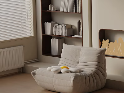 Comfortable Leisure Chair With Soft Cushions By Window Blinds And Bookshelf In Cozy Living Room 3d model