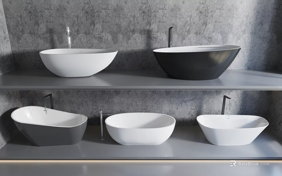 Bowl Shaped White and Black Bathtubs in Different Styles Displayed on Shelves 3d model 