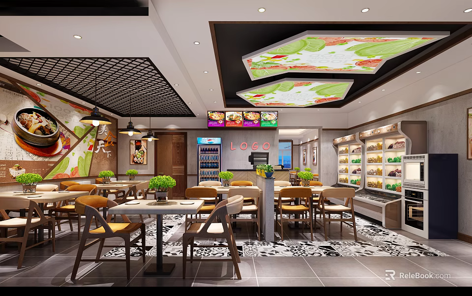 Modern Restaurant Interior With Dining Tables Digital Menu Boards Decorative Paintings And Green Plants 3d model 