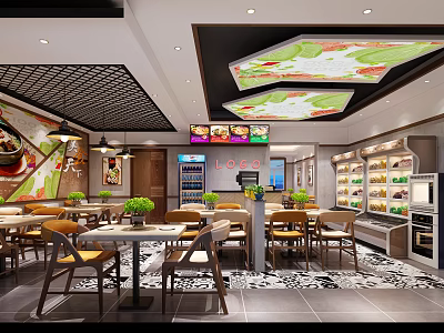 Modern Restaurant Interior With Dining Tables Digital Menu Boards Decorative Paintings And Green Plants 3d model