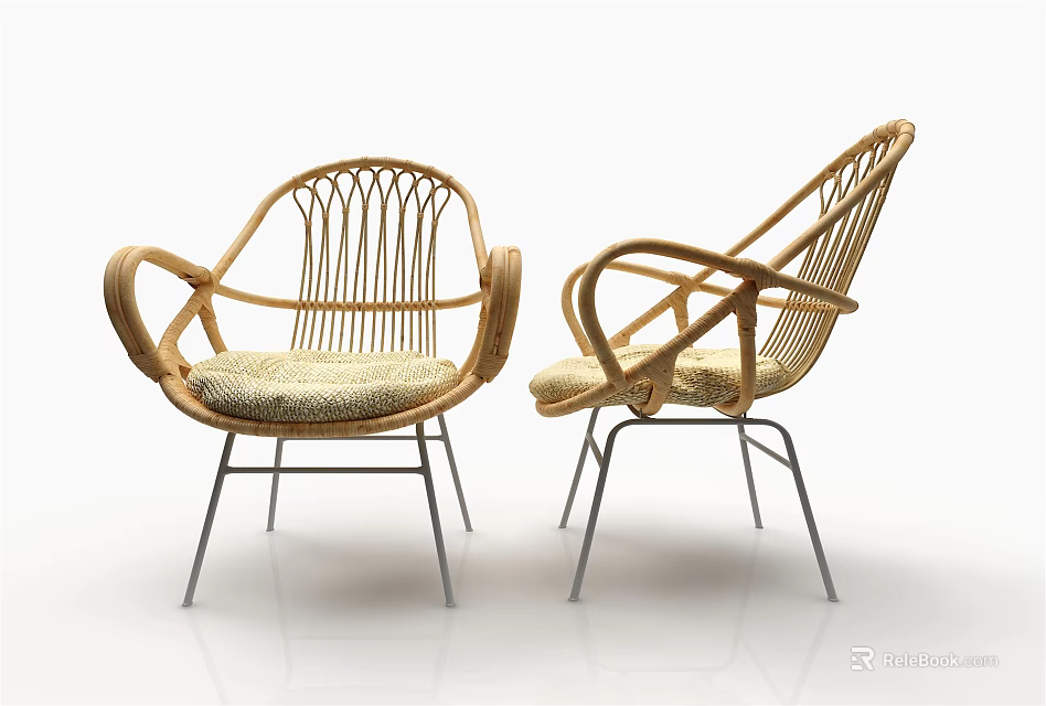 Stylish Wicker Leisure Chairs With Curved Arms And Metal Legs Design 3d model 