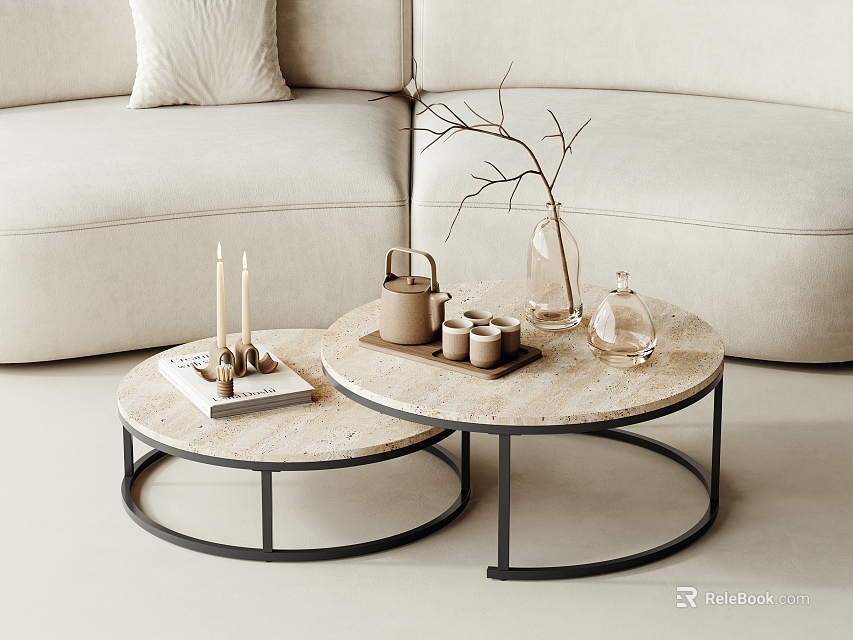 Round Marble Top Coffee Tables With Black Metal Frame And Decorative Items 3d model 