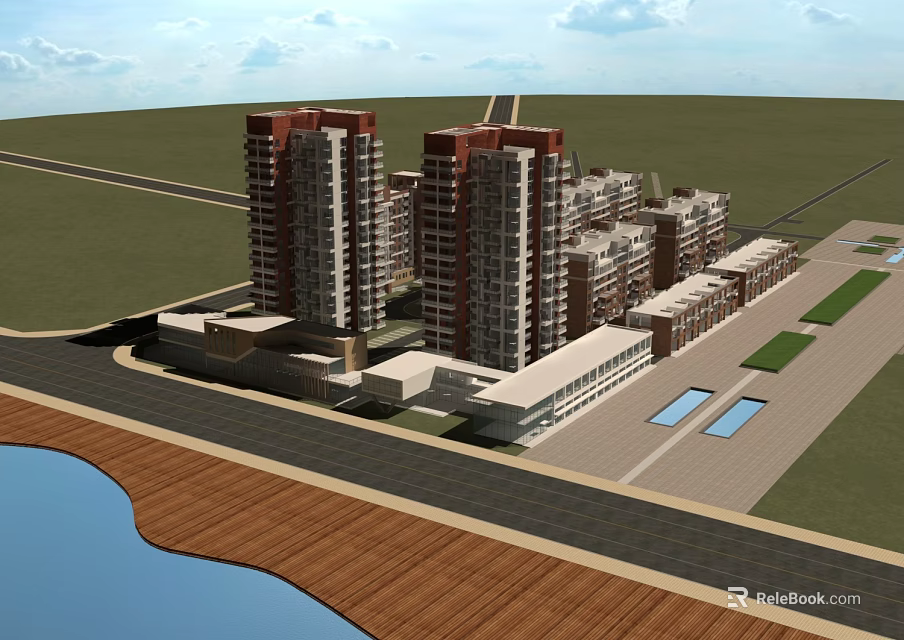 Modern High Rise and Low Rise Residential Buildings with Green Spaces Near Waterfront 3d model 
