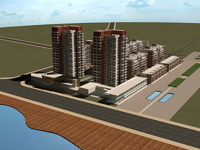 Modern High Rise and Low Rise Residential Buildings with Green Spaces Near Waterfront 3d model