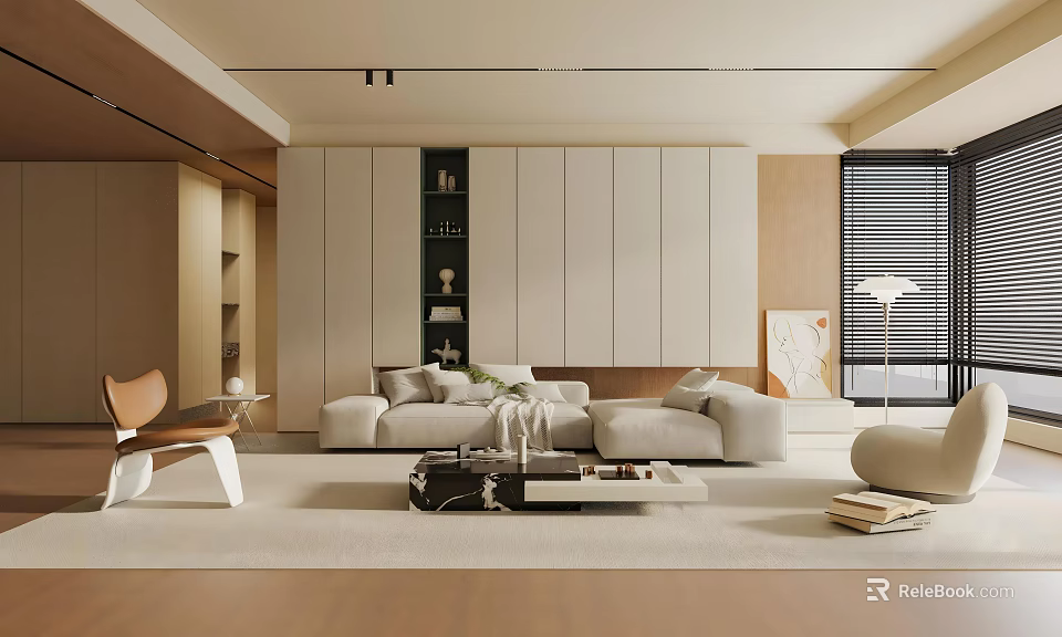 Modern Living Room Interior With Beige Sofa Wooden Cabinets And Window Blinds 3d model 