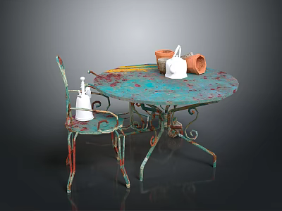 Outdoor Metal Round Table And Chair With Colorful Rustic Design Ceramic Pots Spray Bottle Teapot 3d model
