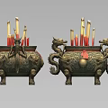 Garden Landscape Featuring Bronze Tripods Dragon Patterns Red Yellow Candles Dragon Shaped Handles