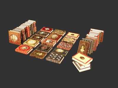 Collection of Decorative Hardcover Books With Gold Patterns And Colorful Covers 3d model