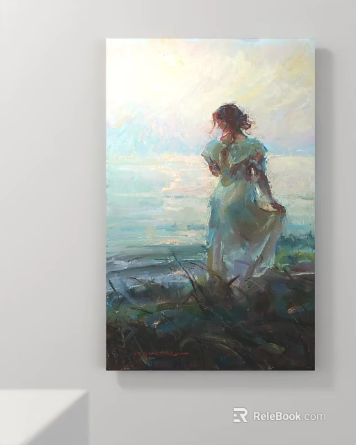 Woman in Light Blue Dress Standing by Sea with Sunset Sky and Waves 3d model 