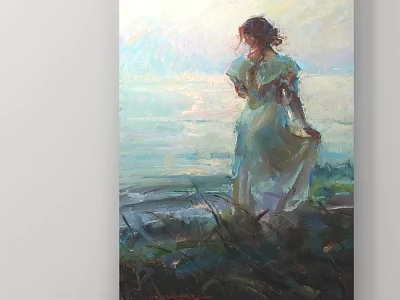 Woman in Light Blue Dress Standing by Sea with Sunset Sky and Waves 3d model