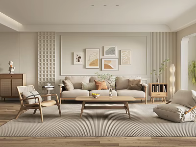 Modern Cozy Living Room Interior With Beige Sofa Coffee Table Rug And Decorative Paintings 3d model