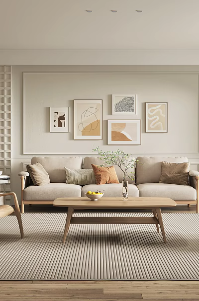 Modern Cozy Living Room Interior With Beige Sofa Coffee Table Rug And Decorative Paintings 3d model