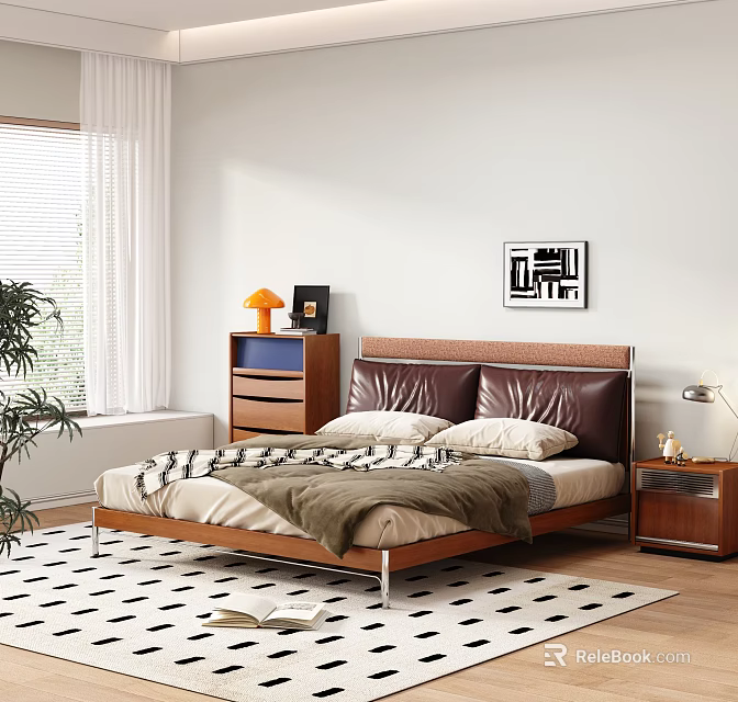 Double Bed with Leather Headboard Wooden Frame Nightstands Geometric Rug and Abstract Art 3d model 
