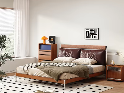 Double Bed with Leather Headboard Wooden Frame Nightstands Geometric Rug and Abstract Art 3d model