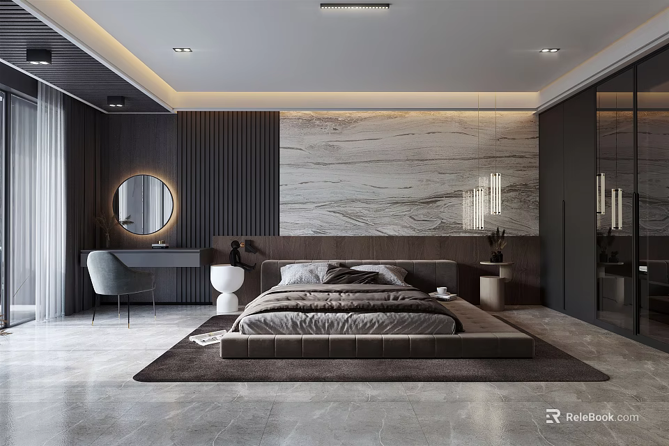 Modern Luxurious Bedroom Interior With Marble Accent Wall Gray Tones And Ambient Lighting 3d model 