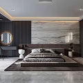 Modern Luxurious Bedroom Interior With Marble Accent Wall Gray Tones And Ambient Lighting