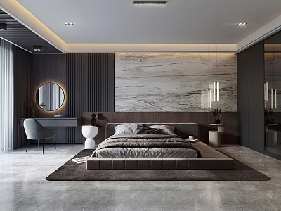 Modern Luxurious Bedroom Interior With Marble Accent Wall Gray Tones And Ambient Lighting 3d model