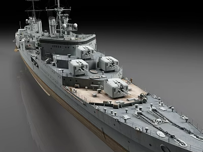 Realistic 3D Model Of A Warship With Turrets And Deck 3d model