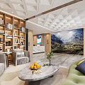 Hotel Lobby Interior Featuring Geometric Ceiling Wall of Bookshelves Green Sofa and Gray Armchairs