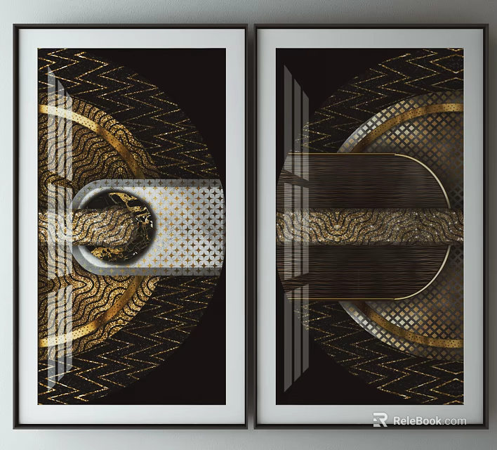 Modern Abstract Decorative Paintings With Gold Geometric Patterns And Black Background 3d model 