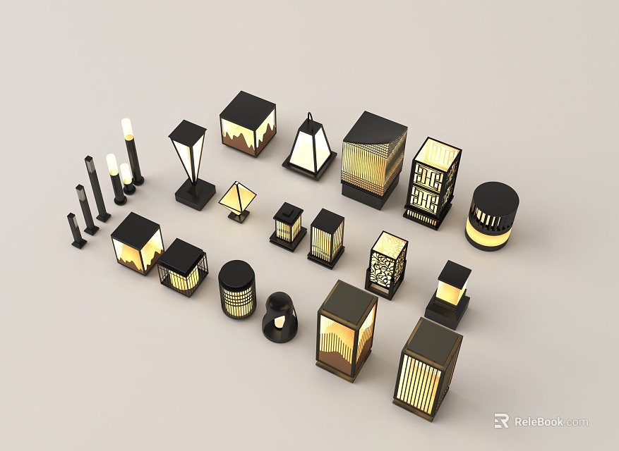 Outdoor Lanterns Featuring Various Modern Designs Different Shapes And Black Gold Finishes 3d model 