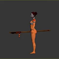 Woman With Orange Skin Red Hair Arm Tattoos Gray Bikini Holding Weapon With Red Decorations