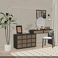 Stylish Rattan Dressing Table with Round Mirror Chair Framed Artworks and Potted Plant