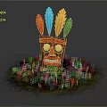 Tribal Wooden Mask With Red Blue Yellow Green Feathers Golden Eyes And Green Leaf On Grass With Stones