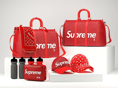 Supreme Red Duffel Bags With Matching Cap And Water Bottles 3d model