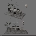 Modern Dining Table Set With Chairs Pendant Lights And Plants On Rug 3d model