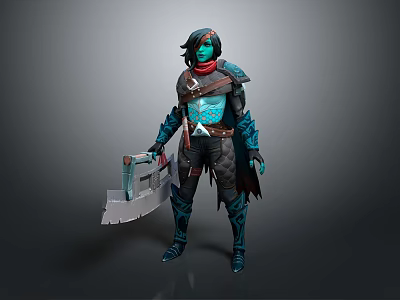 Game Fantasy Warrior Character With Teal Skin Black Hair Red Scarf Armor Holding Large Axe 3d model