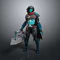 Game Fantasy Warrior Character With Teal Skin Black Hair Red Scarf Armor Holding Large Axe