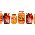 Assorted Canned Fruits in Glass Jars with Peach Orange Various Brands and Different Sizes