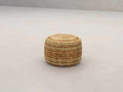 Round Woven Straw Stool with Striped Brown Beige Texture on Neutral Gray Floor 3d model