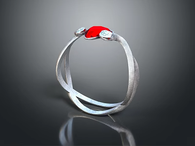 Silver Ring With Red Gemstone And Small Diamonds On Twisted Metal Band 3d model