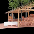 Kindergarten Outdoor Space With Thatched Roof Red Brick Structures And Sinks