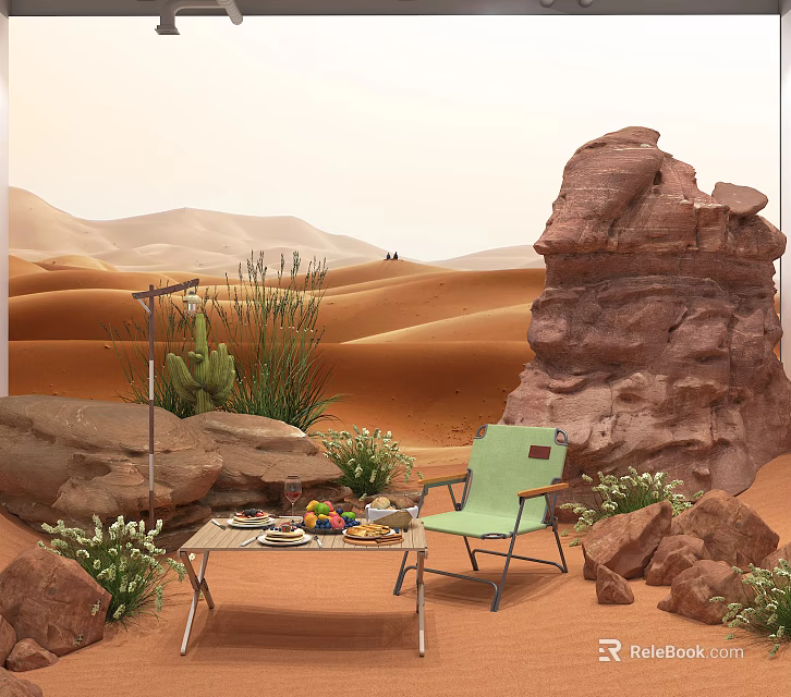 Public Office Area With Desert Sand Dunes Rocks Green Chair And Table Setup 3d model 