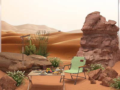 Public Office Area With Desert Sand Dunes Rocks Green Chair And Table Setup 3d model
