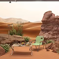 Public Office Area With Desert Sand Dunes Rocks Green Chair And Table Setup